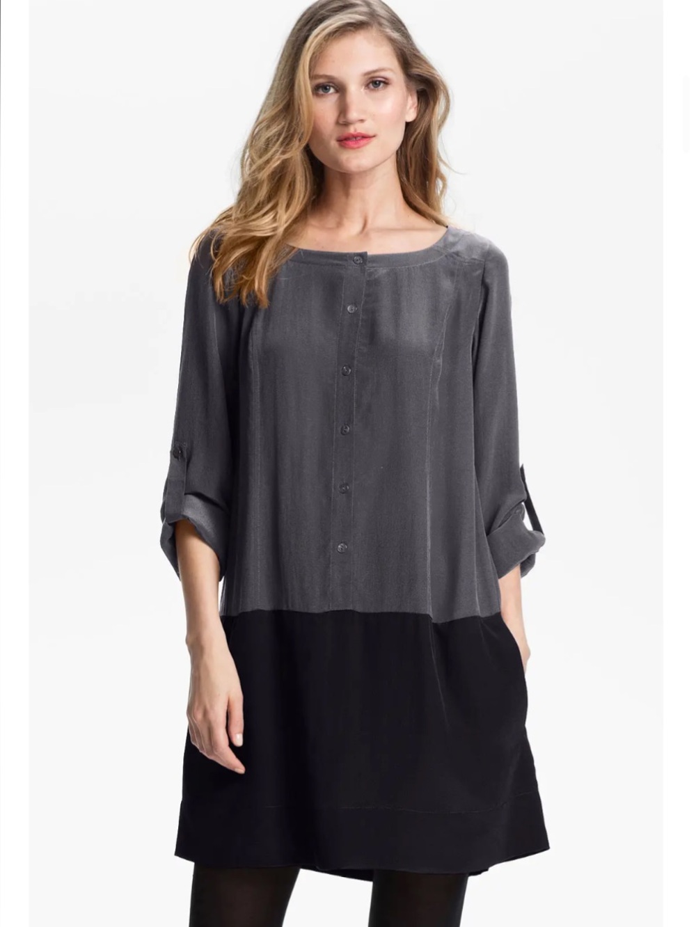 Eileen Fisher pure silk crepe dress tunic S gray black simple